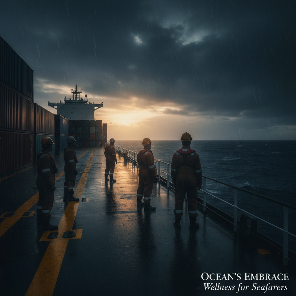 Seafarers and crew members standing on the deck of a cargo ship at sea