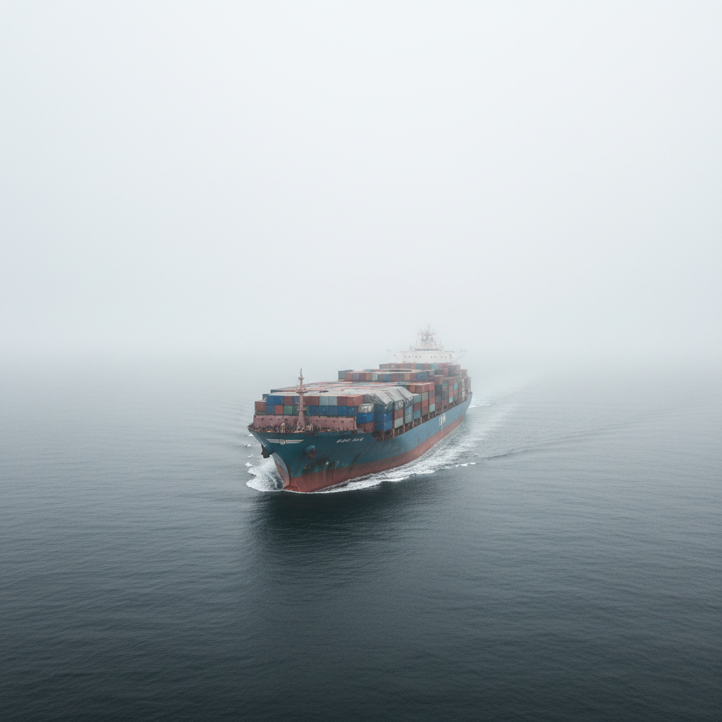 Cargo ship at sea in fog with no land visible